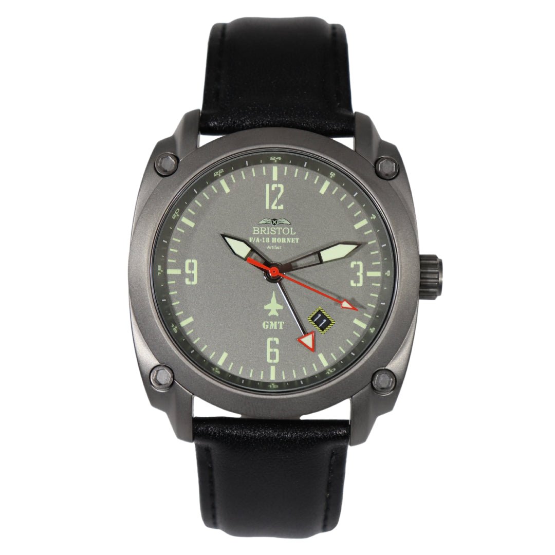F-18 Hornet Tribute - Gun Metal Finish, Gray Dial, Black Leather Band - Paranoid Ranch