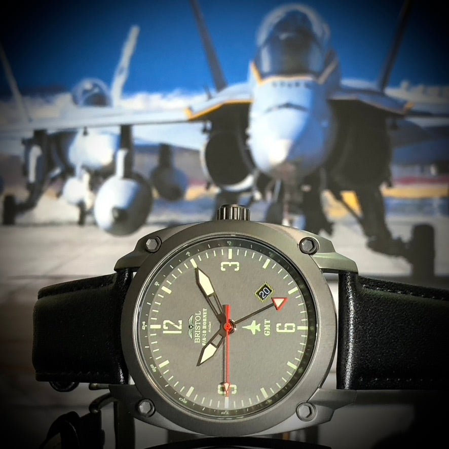 F-18 Hornet Tribute - Gun Metal Finish, Gray Dial, Black Leather Band - Paranoid Ranch