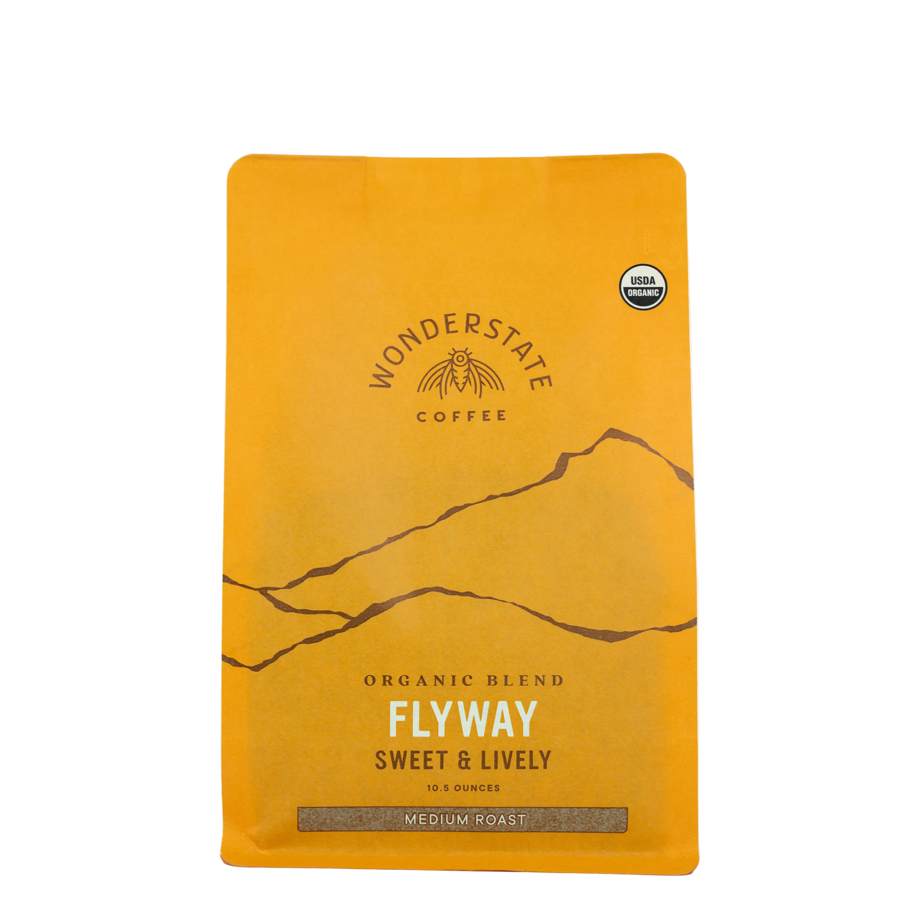 Orange coffee package with 'Wonderstate Coffee' branding on a white background