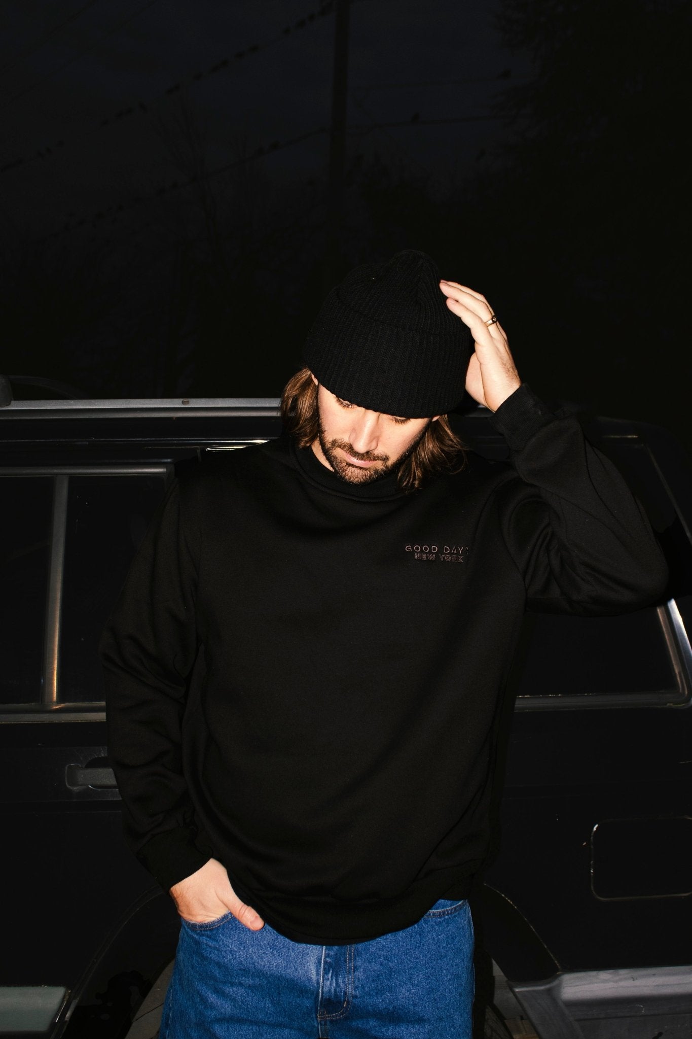 Good Days Tone On Tone Embroidered Crewneck - Black - Paranoid Ranch