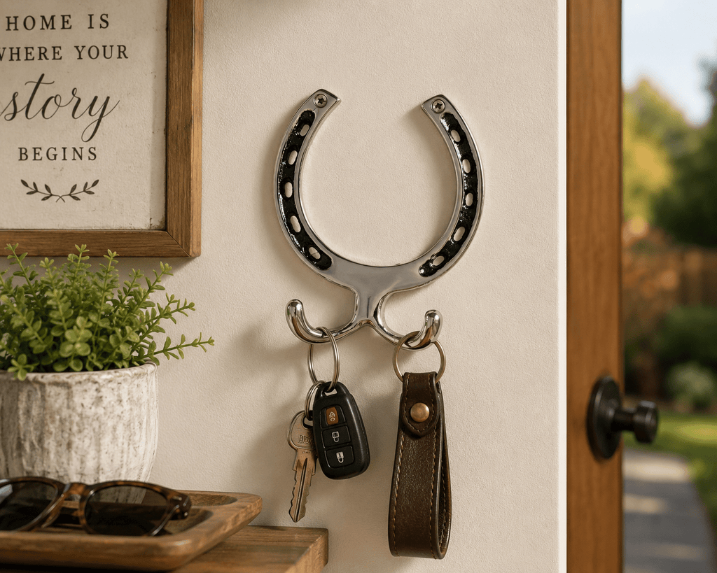 Huntley Equestrian Silver Horseshoe Wall Hook Rack-2 Hook Equestrian Home and Barn Decor - Paranoid Ranch