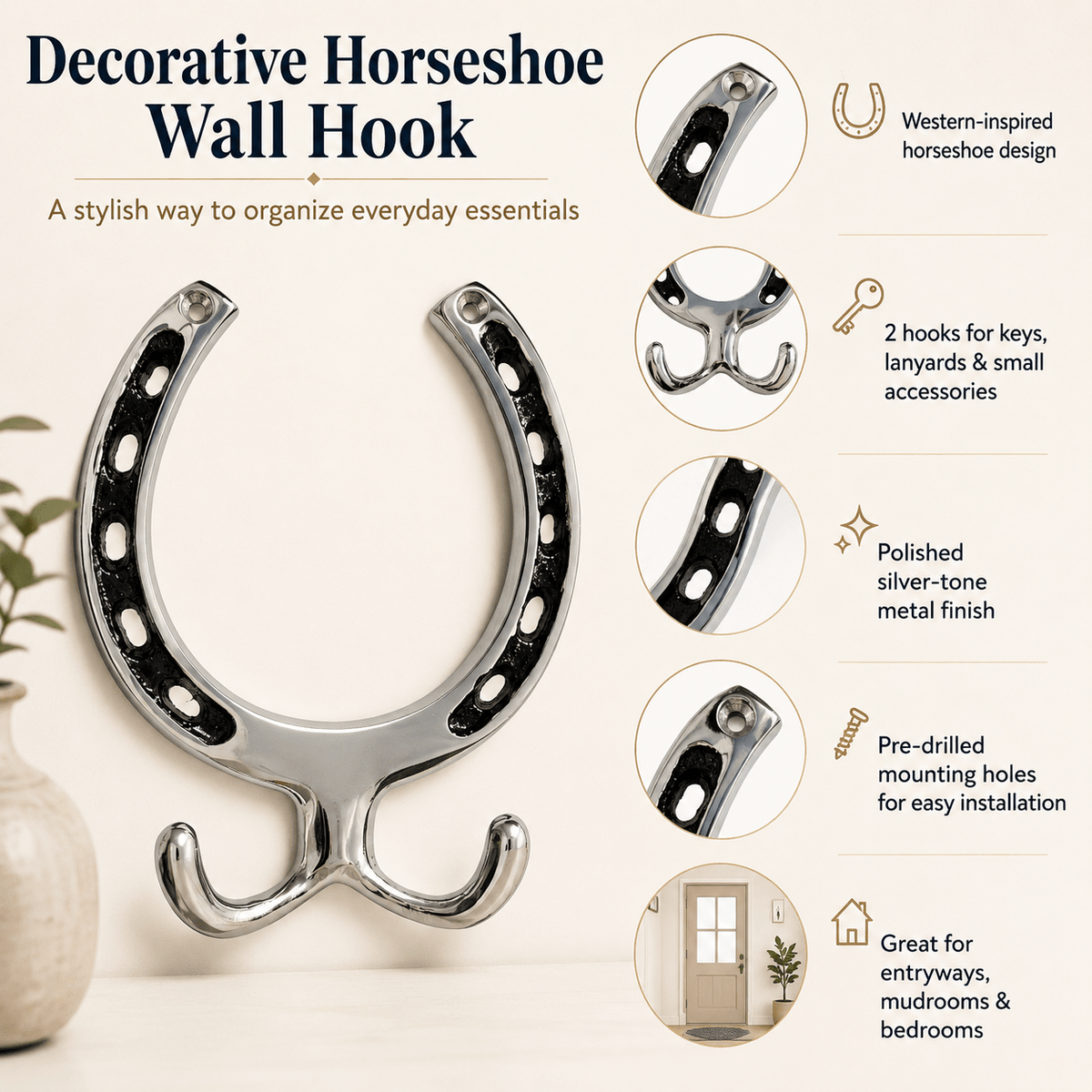 Huntley Equestrian Silver Horseshoe Wall Hook Rack-2 Hook Equestrian Home and Barn Decor - Paranoid Ranch