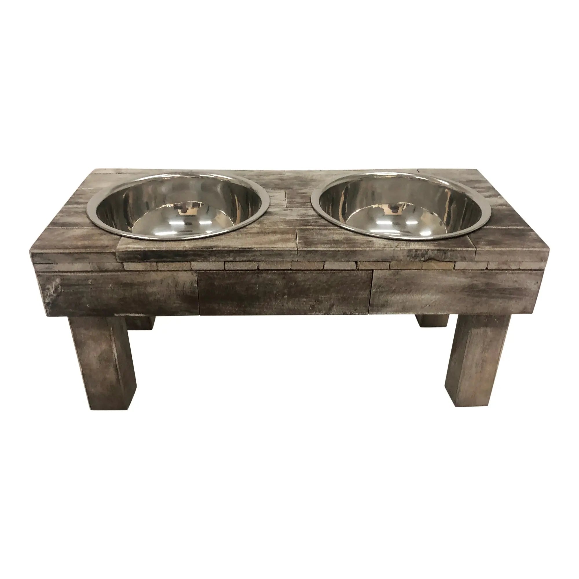 Huntley Pet Berjen Table Elevated Double Bowl Pet Feeder, Brown Wash - Paranoid Ranch