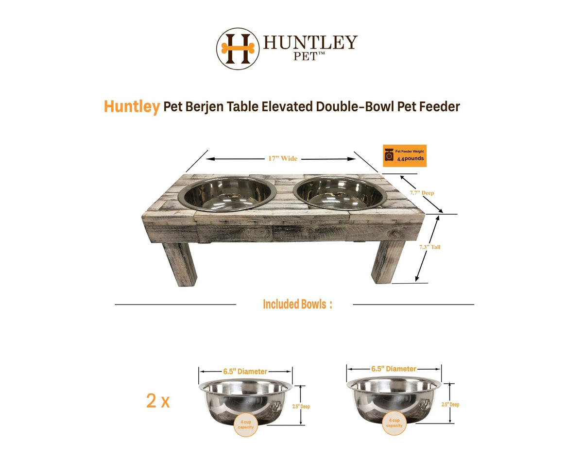 Huntley Pet Berjen Table Elevated Double Bowl Pet Feeder, Brown Wash - Paranoid Ranch