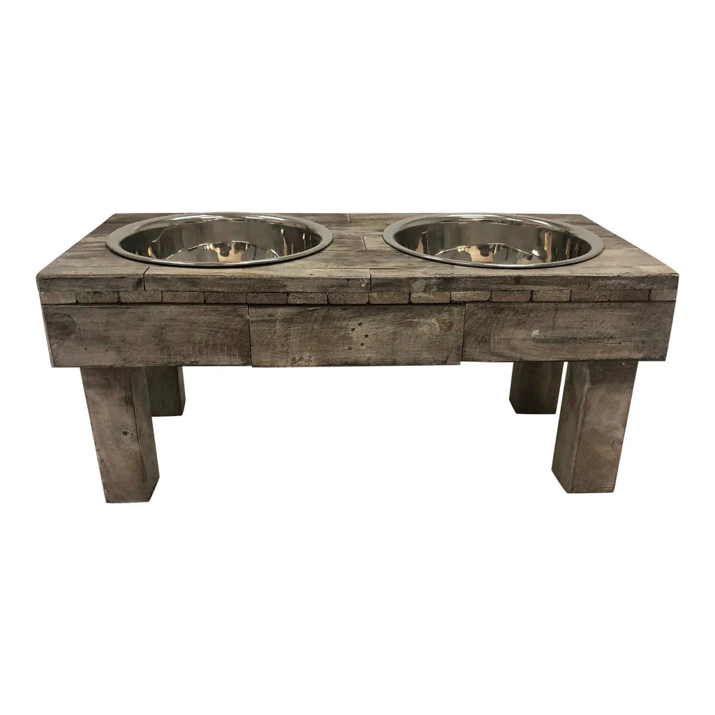 Huntley Pet Berjen Table Elevated Double Bowl Pet Feeder, Brown Wash - Paranoid Ranch