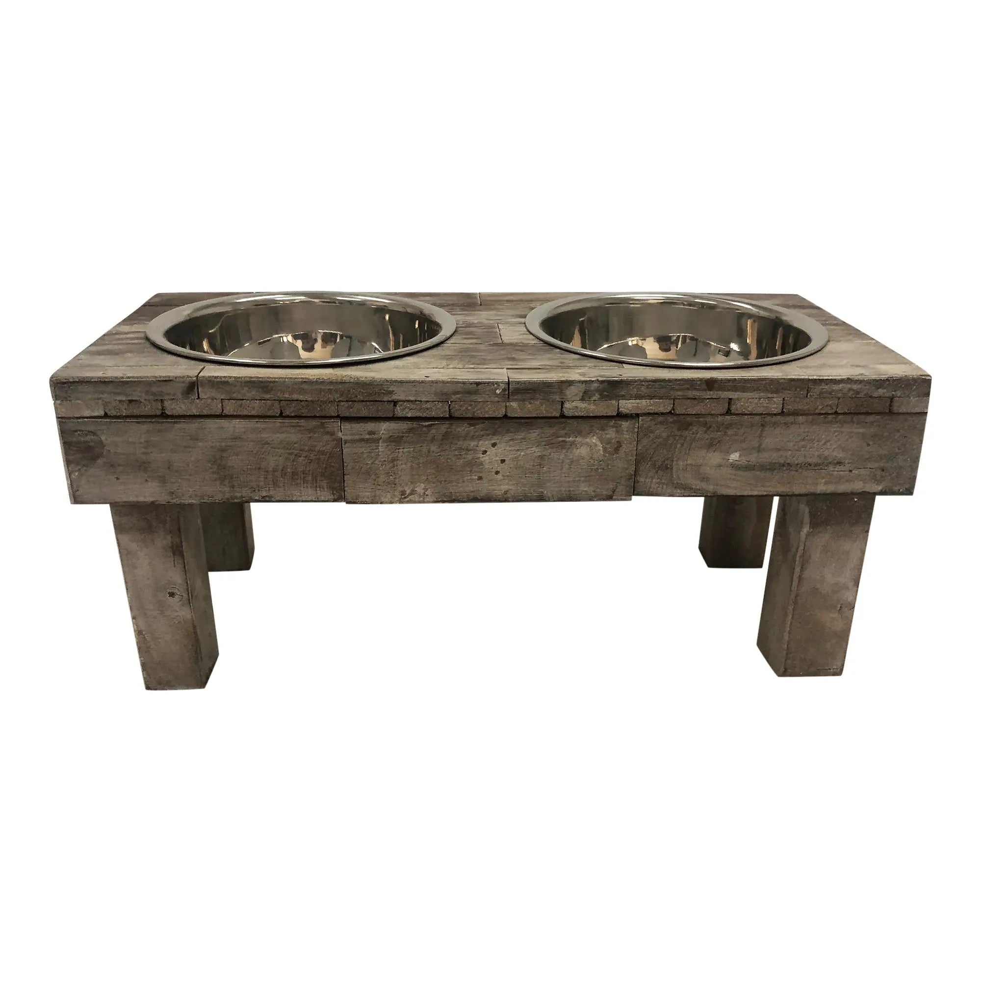 Huntley Pet Berjen Table Elevated Double Bowl Pet Feeder, Brown Wash - Paranoid Ranch