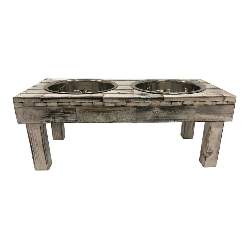 Huntley Pet Berjen Table Elevated Double Bowl Pet Feeder, White Wash - Paranoid Ranch