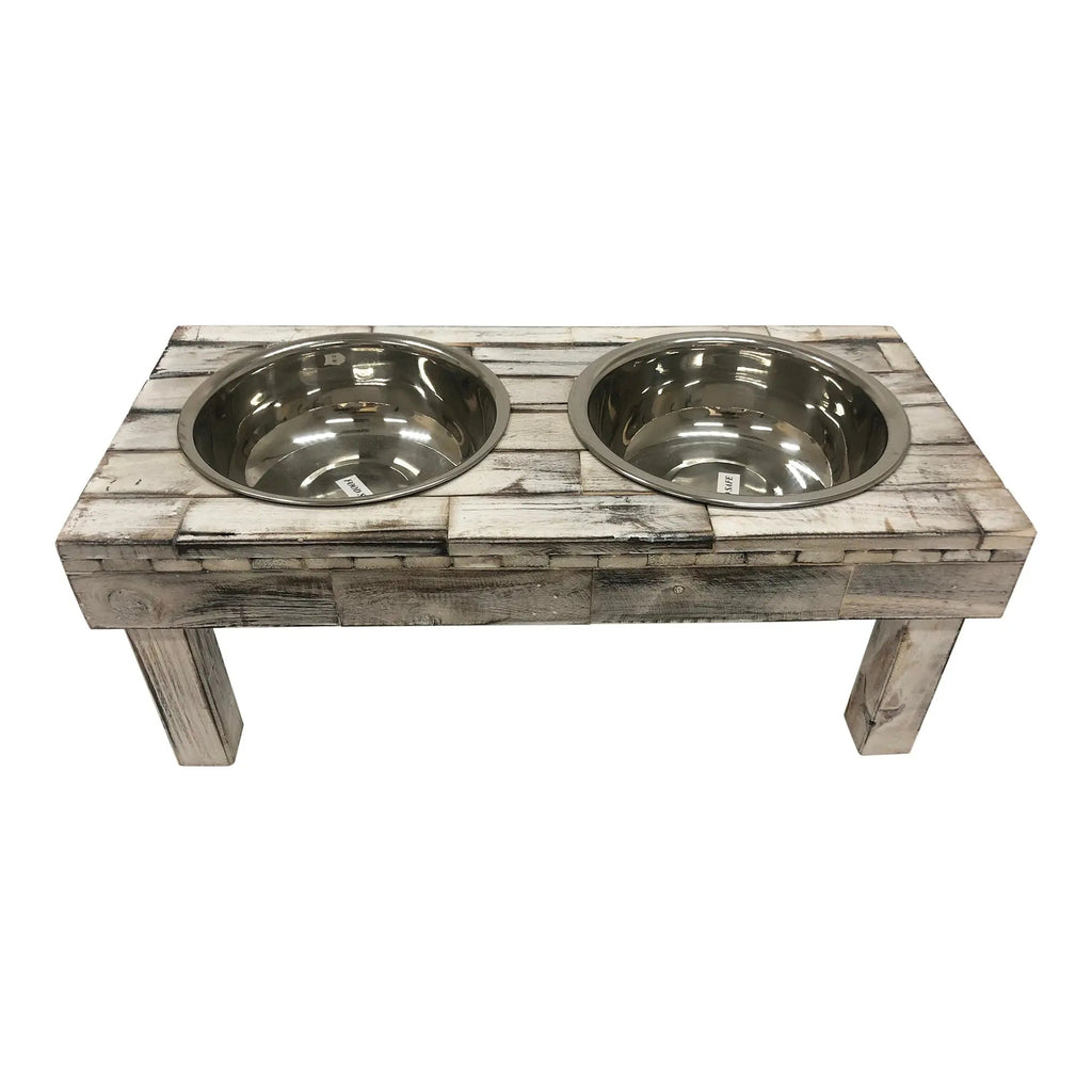 Huntley Pet Berjen Table Elevated Double Bowl Pet Feeder, White Wash - Paranoid Ranch