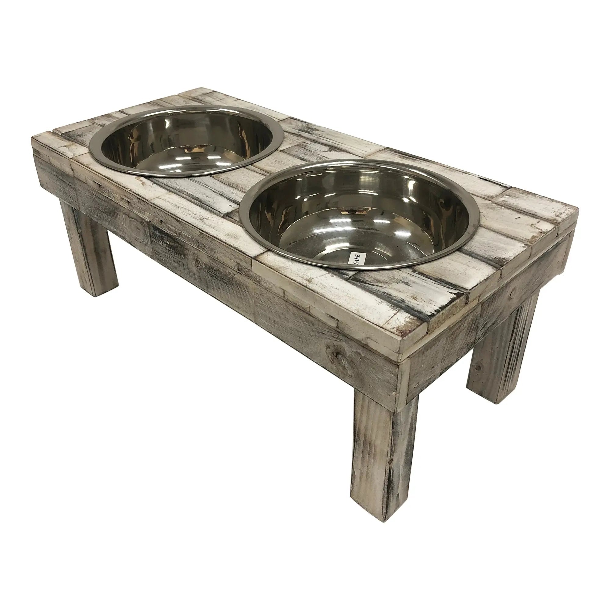 Huntley Pet Berjen Table Elevated Double Bowl Pet Feeder, White Wash - Paranoid Ranch