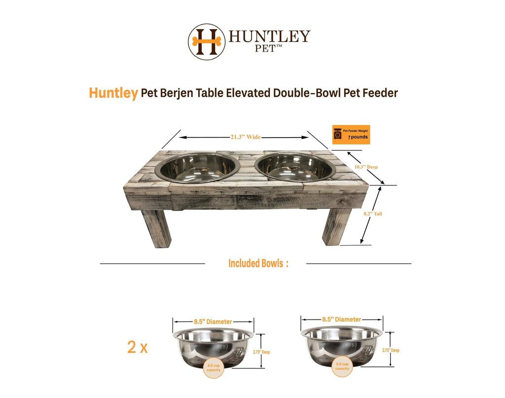 Huntley Pet Berjen Table Elevated Double Bowl Pet Feeder, White Wash - Paranoid Ranch