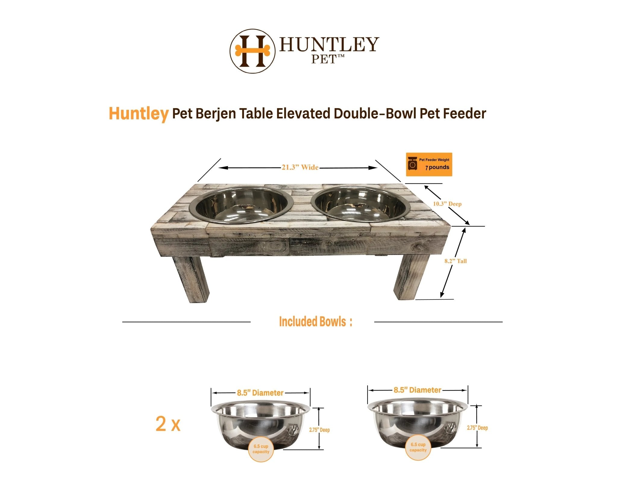 Huntley Pet Berjen Table Elevated Double Bowl Pet Feeder, White Wash - Paranoid Ranch