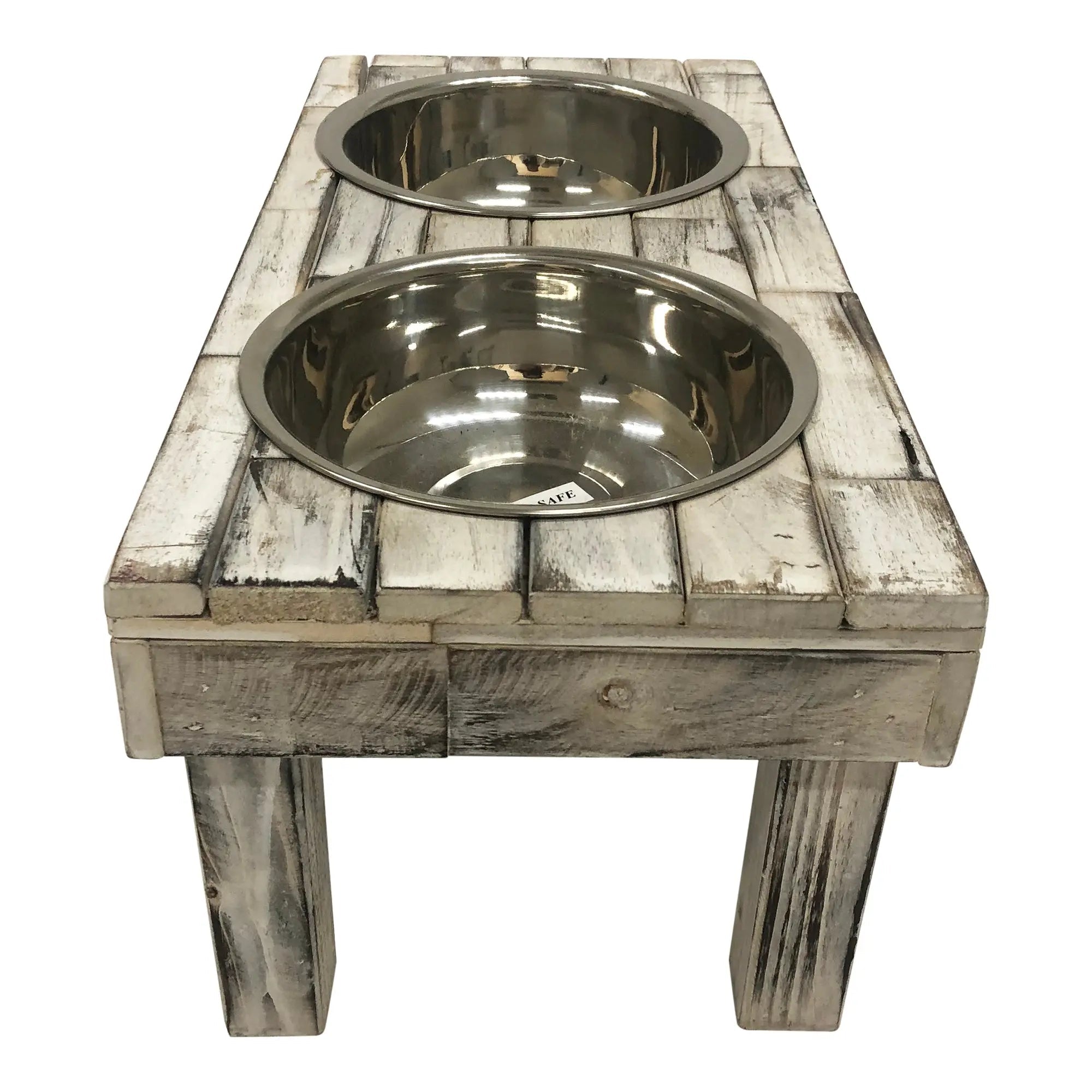 Huntley Pet Berjen Table Elevated Double Bowl Pet Feeder, White Wash - Paranoid Ranch
