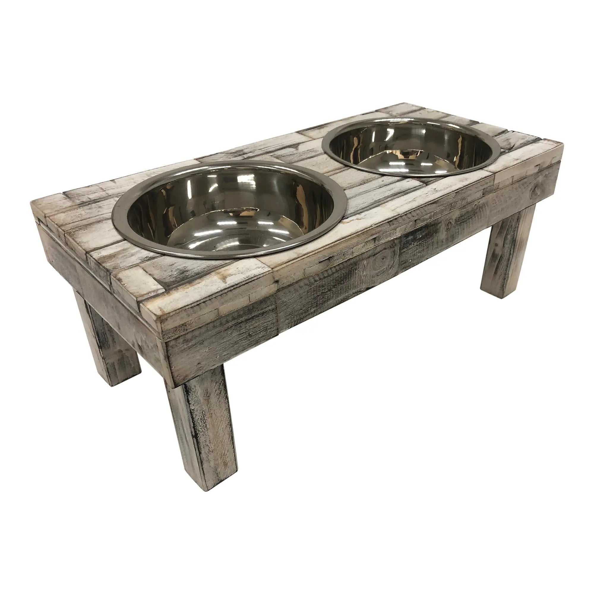 Huntley Pet Berjen Table Elevated Double Bowl Pet Feeder, White Wash - Paranoid Ranch
