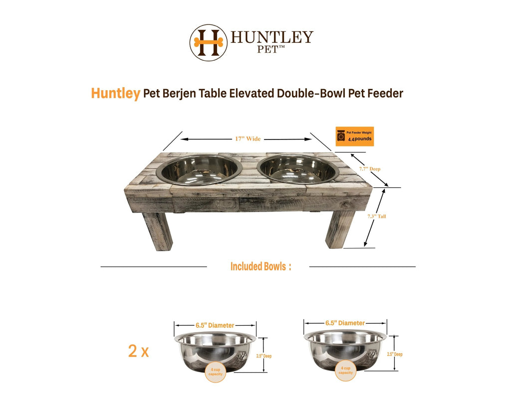 Huntley Pet Berjen Table Elevated Double Bowl Pet Feeder, White Wash - Paranoid Ranch