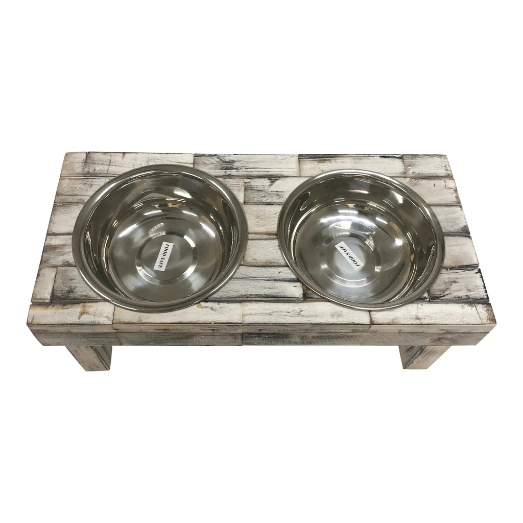Huntley Pet Berjen Table Elevated Double Bowl Pet Feeder, White Wash - Paranoid Ranch