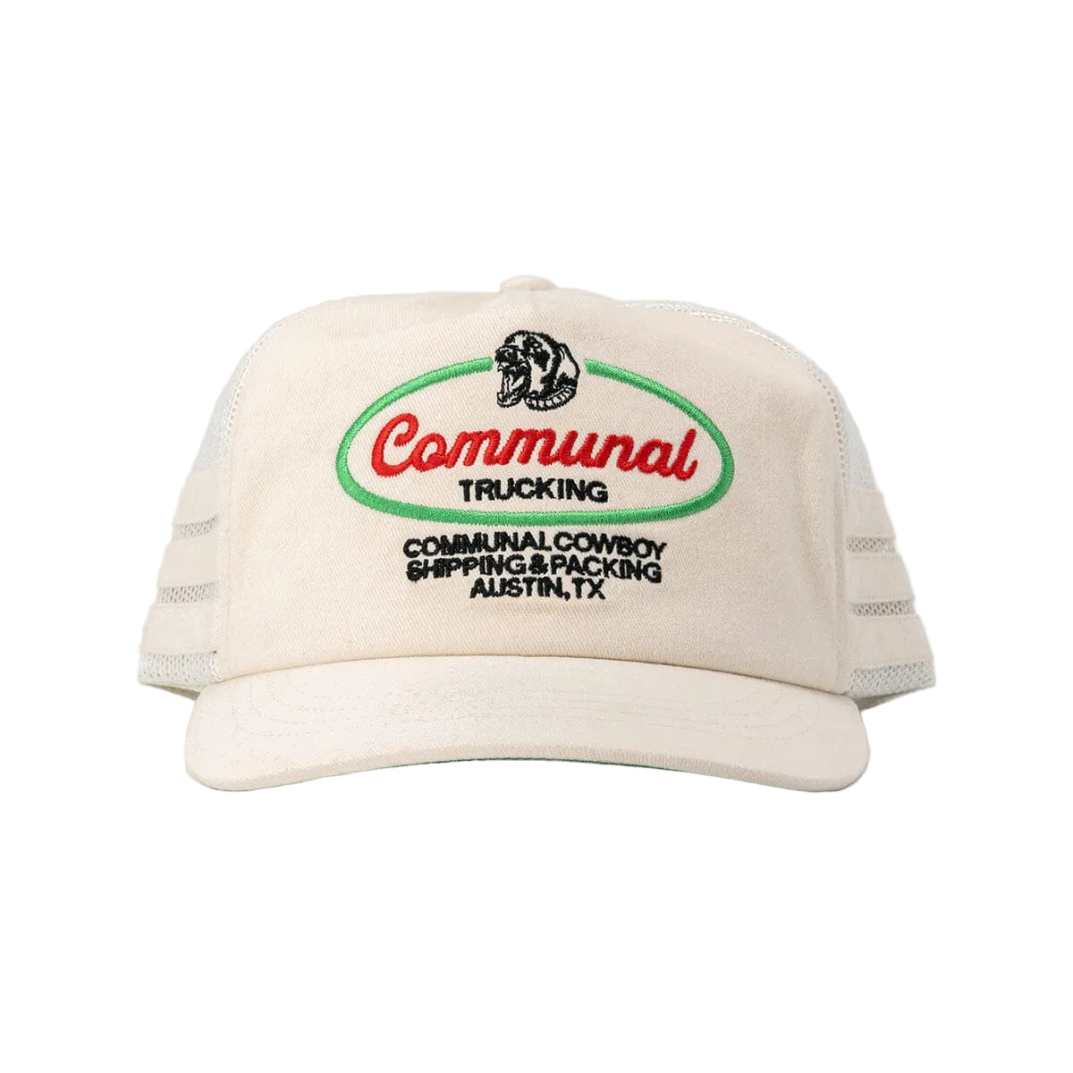 Beige cap with 'Communal Trucking' logo on a light gray background