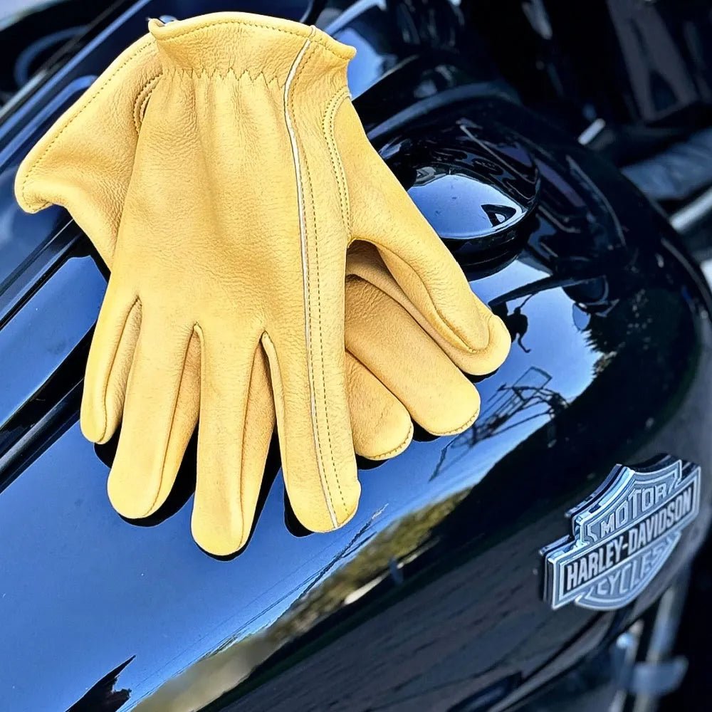 Legendary Gold Deerskin Leather Short Wrist Motorcycle Gloves - Paranoid Ranch
