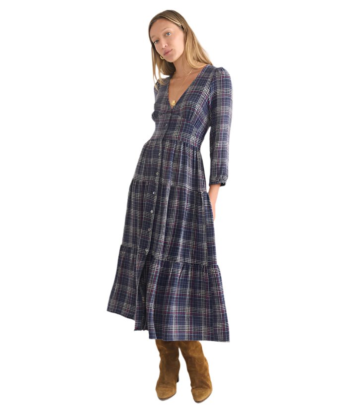 woman wearing the marine layer plaid Maeve Maxi Dress - Paranoid Ranch