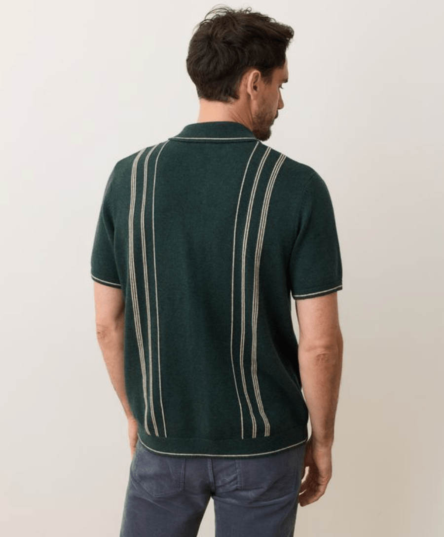 Back View of the Marine Layer Green Barry Sweater Button Down with Stripes - Paranoid Ranch