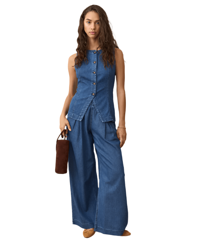 woman in full view wearing the marine layer Charlie Longline Vest - Paranoid Ranch