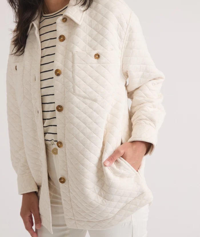 close up view of buttons and left chest pocket on the Marine Layer Corbet Shirt Jacket - Paranoid Ranch