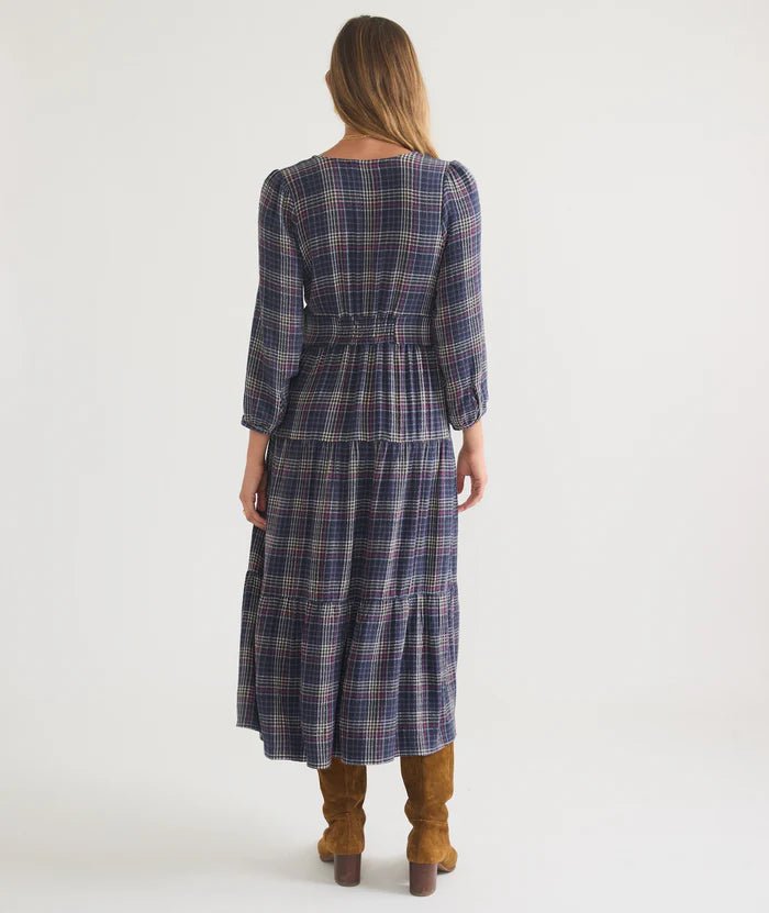 back view of a woman wearing the Marine Layer Plaid Maeve Maxi Dress - Paranoid Ranch