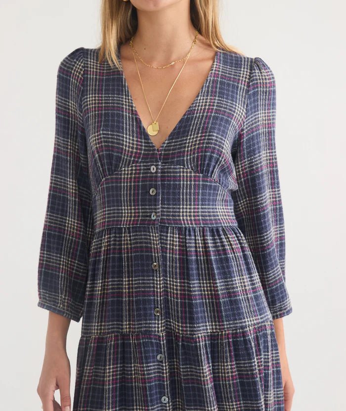 close up of woman wearing a plaid blue Maxi Dress - Paranoid Ranch