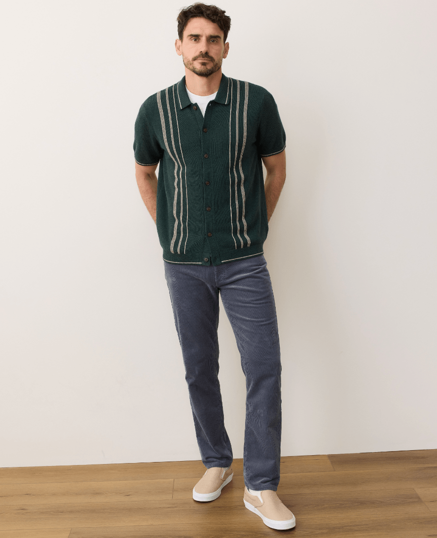 male model wearing the Marine Layer Green Barry Sweater Button Down - Paranoid Ranch
