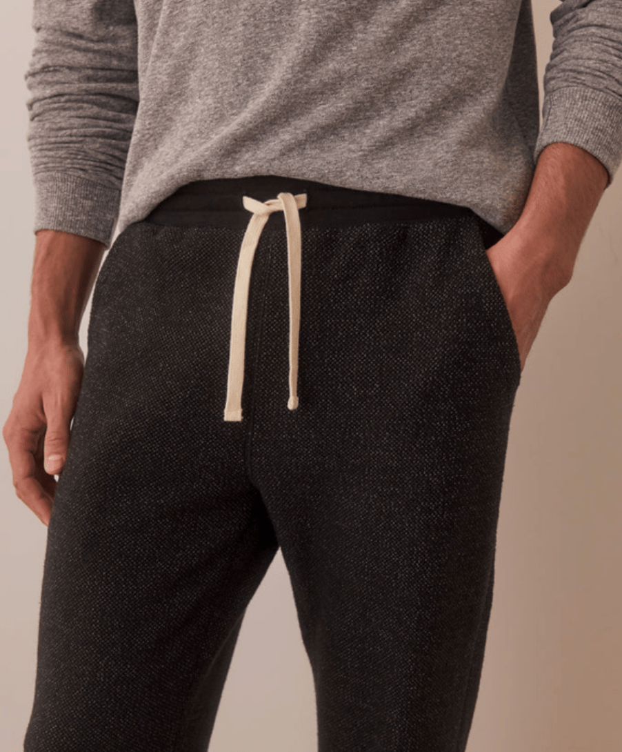 close up of the drawstring on the marine layer Textured Fleece Jogger - Paranoid Ranch