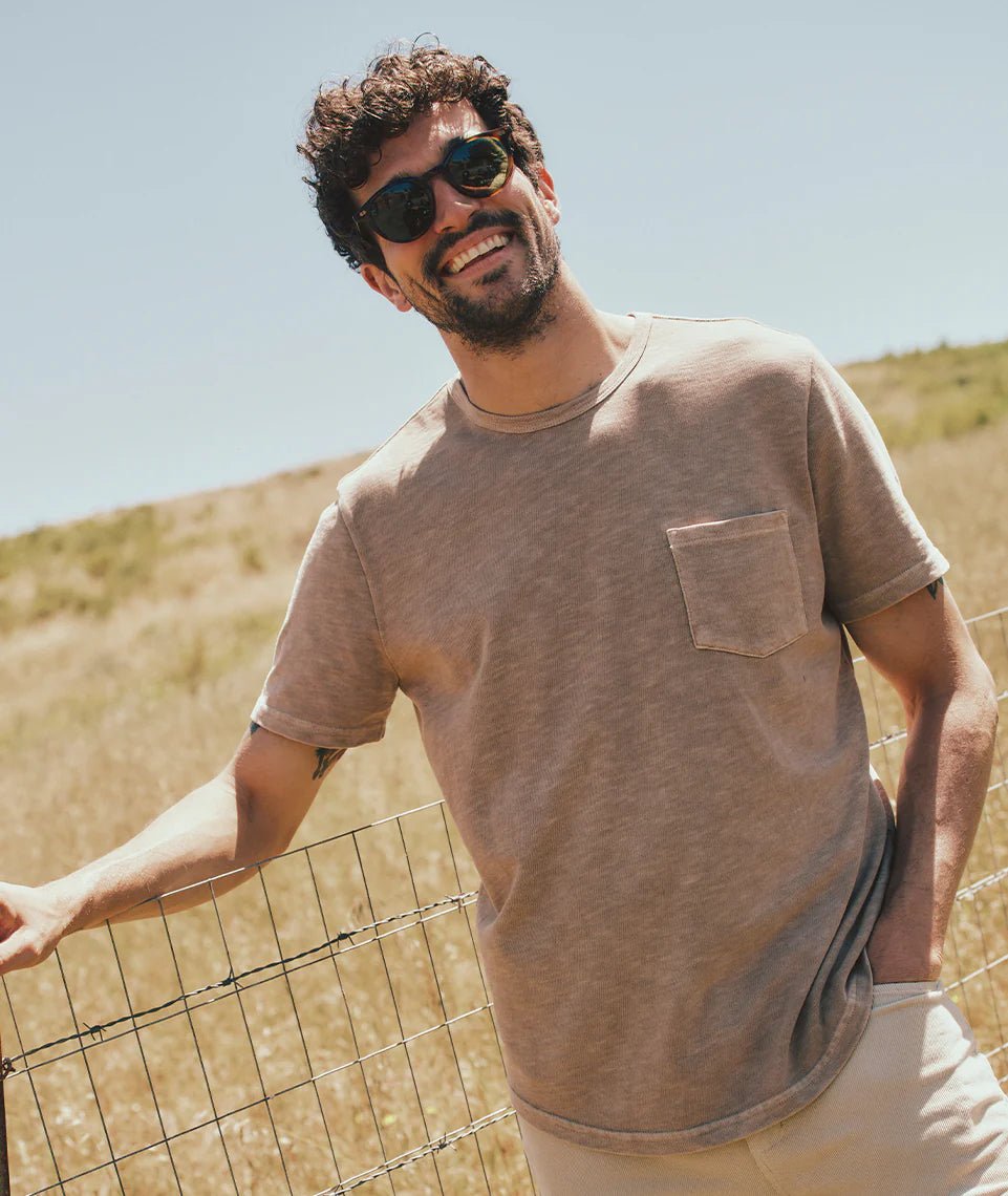 Model Outside in a Field Wearing Vintage Heavy Slub Pocket Tee - Taupe - Paranoid Ranch