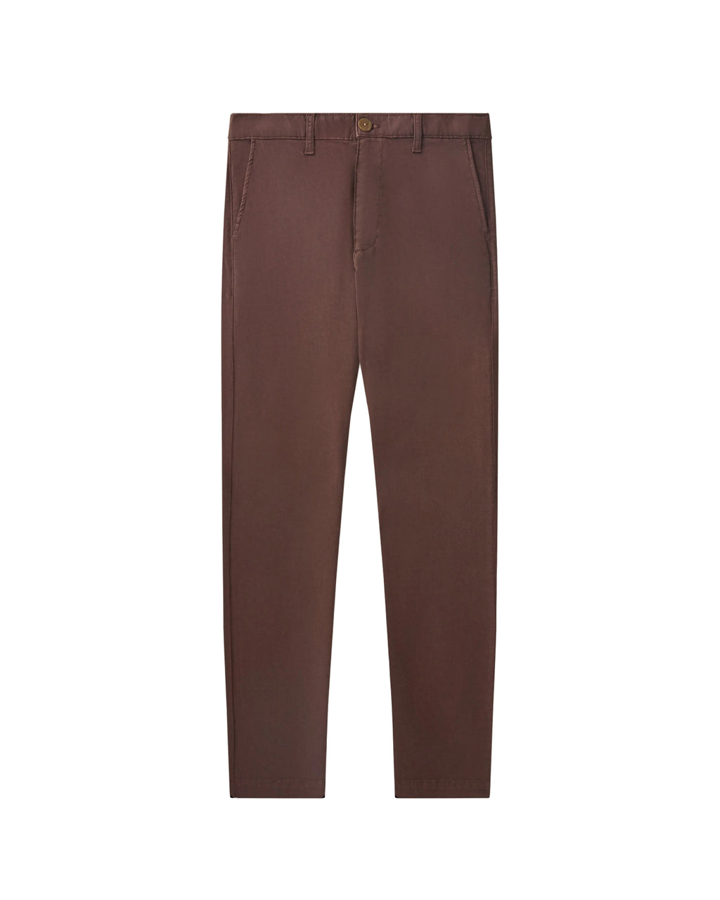 A pair of slim-fit trousers in a muted reddish-brown or dusty mauve shade, laid flat against a white background.
