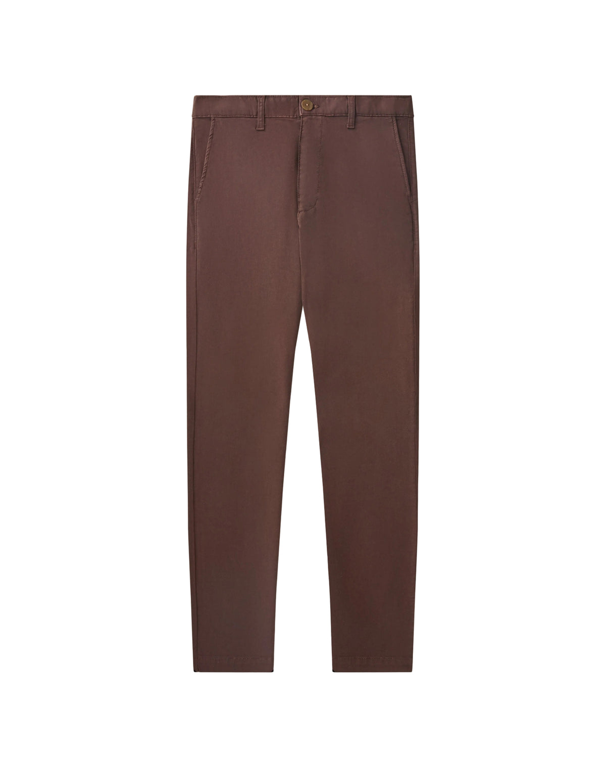 A pair of slim-fit trousers in a muted reddish-brown or dusty mauve shade, laid flat against a white background.