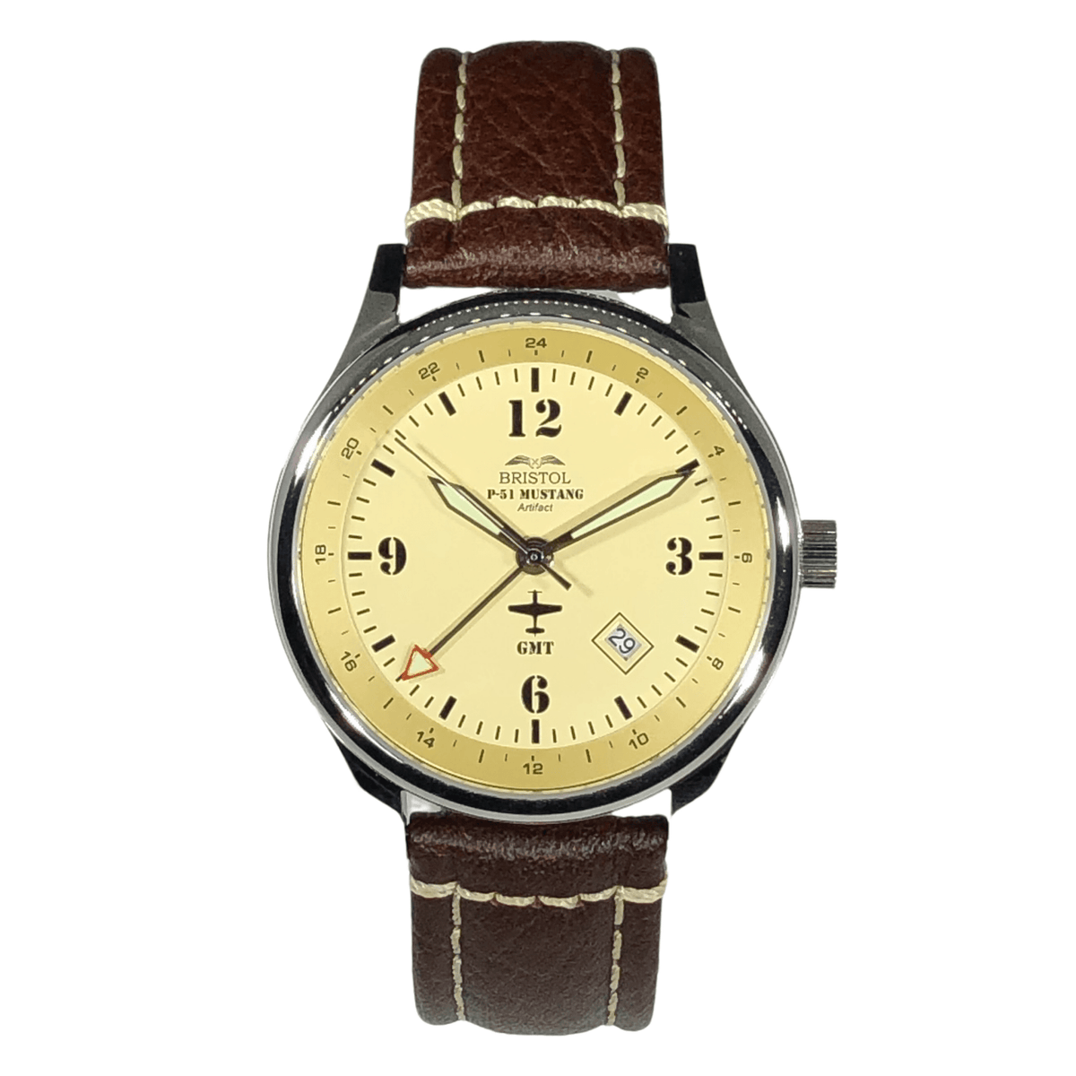 P-51 Mustang Tribute - Polished Finish, Beige Dial, Brown Leather Band - Paranoid Ranch