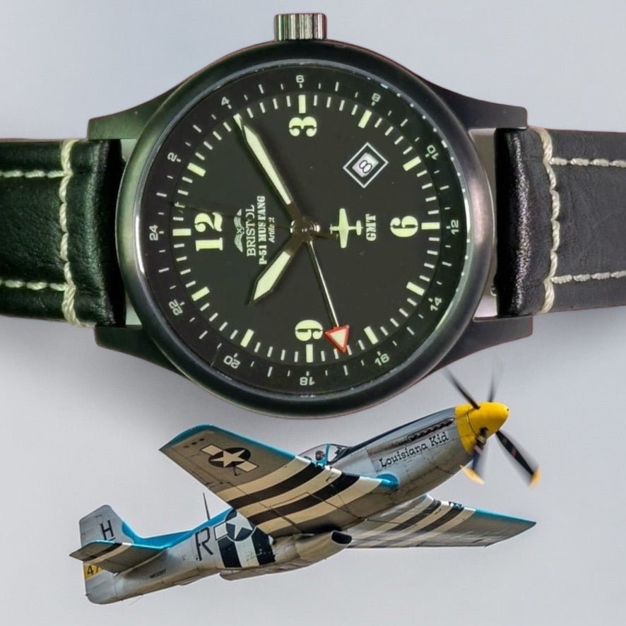 P-51 Mustang Tribute - Stainless Steel, Black Finish, Black Leather Band - Paranoid Ranch