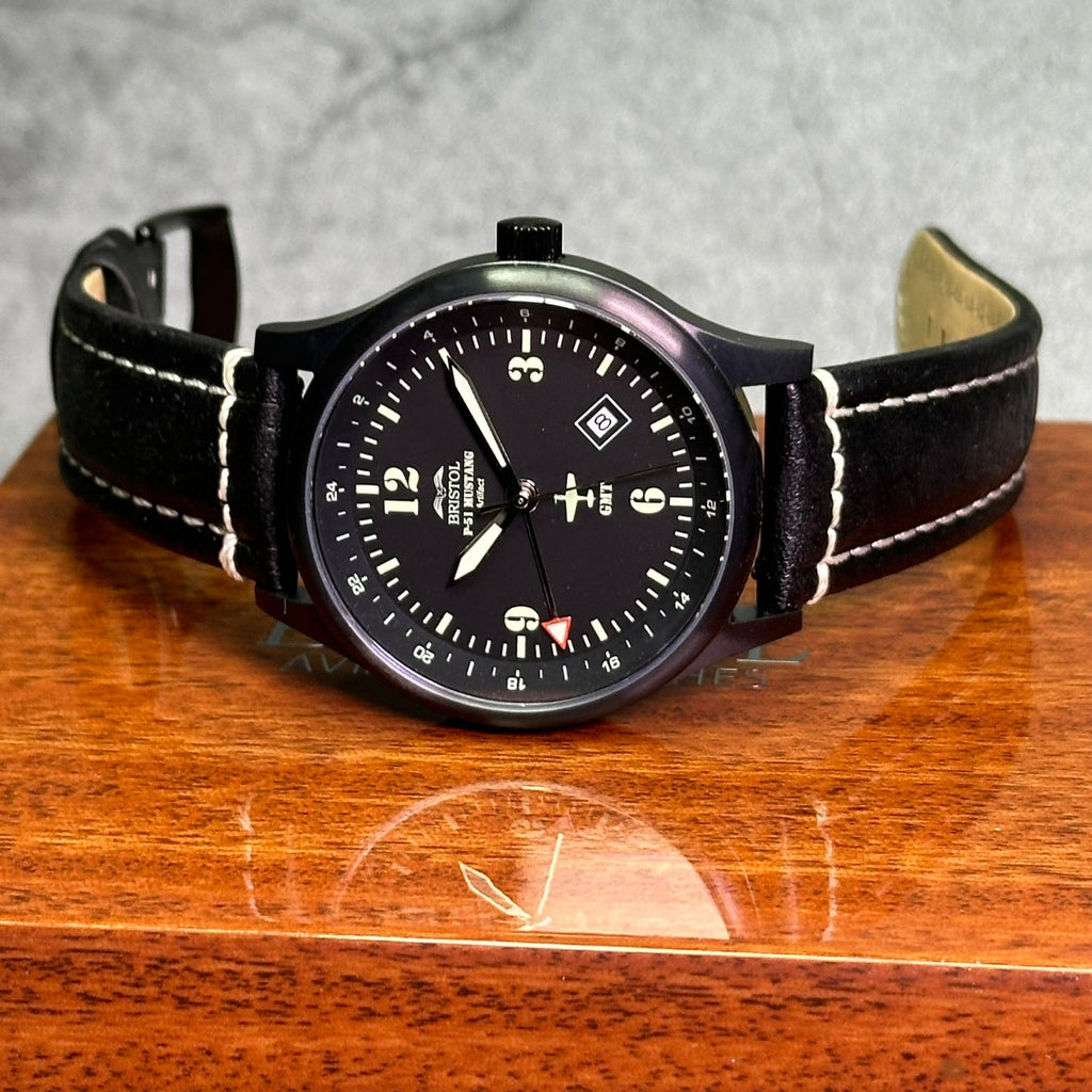 P-51 Mustang Tribute - Stainless Steel, Black Finish, Black Leather Band - Paranoid Ranch