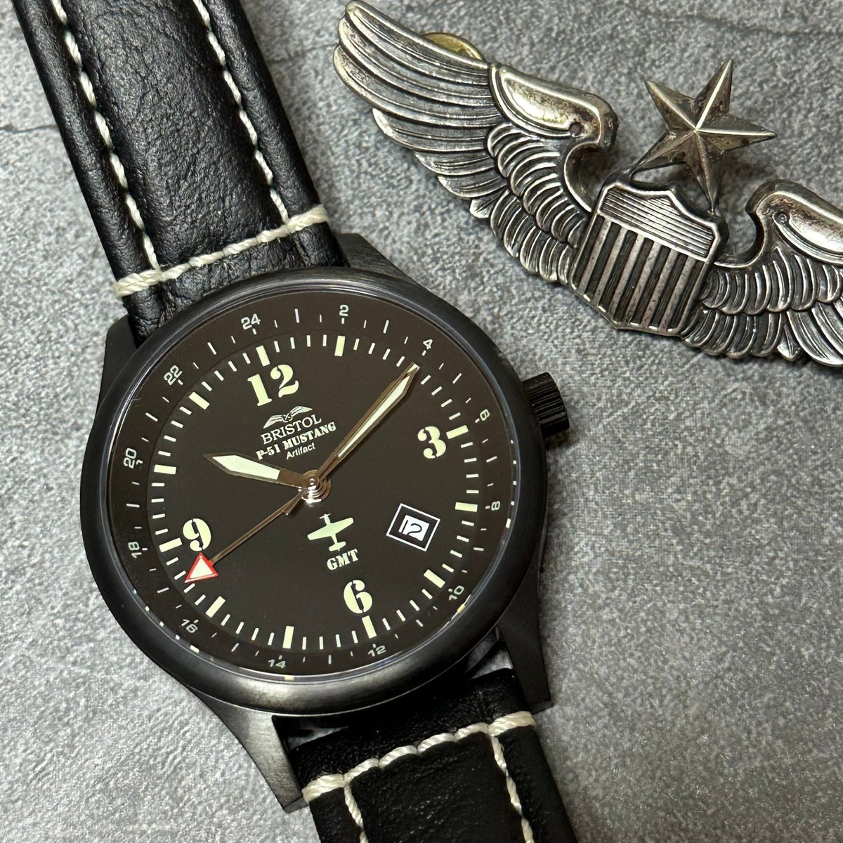 P-51 Mustang Tribute - Stainless Steel, Black Finish, Black Leather Band - Paranoid Ranch