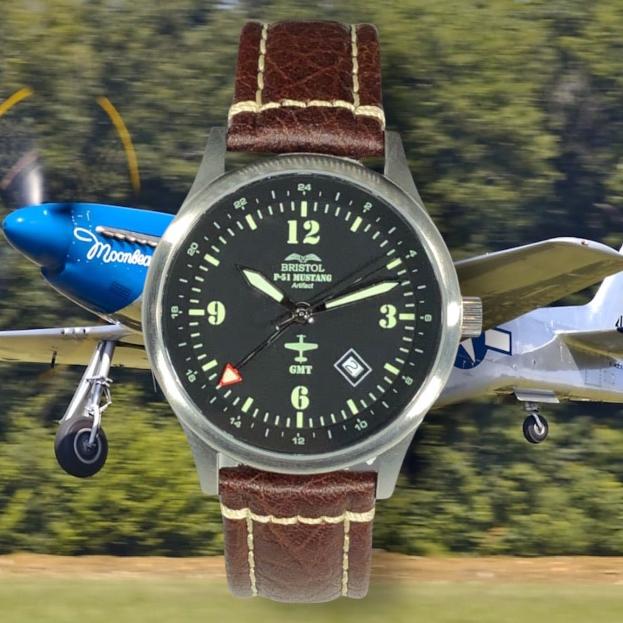 P-51 Mustang Tribute - Stainless Steel, Brush Finish, Brown Leather Band - Paranoid Ranch