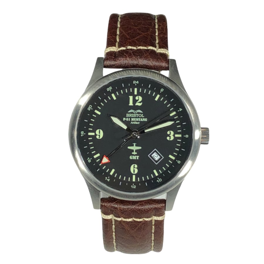 P-51 Mustang Tribute - Stainless Steel, Brush Finish, Brown Leather Band - Paranoid Ranch