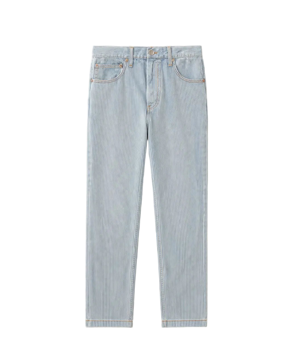 Light blue striped jeans on a beige background