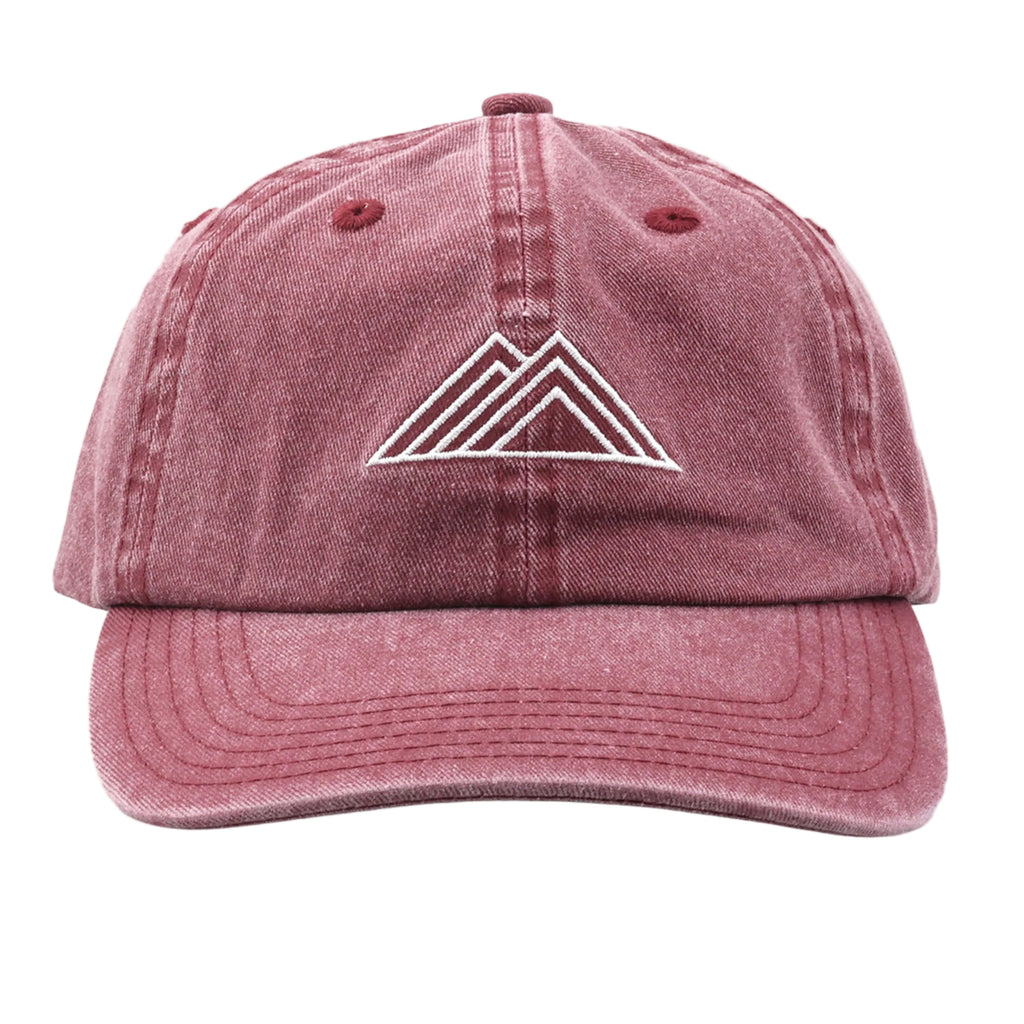 Maroon cap with a white geometric mountain logo on a white background