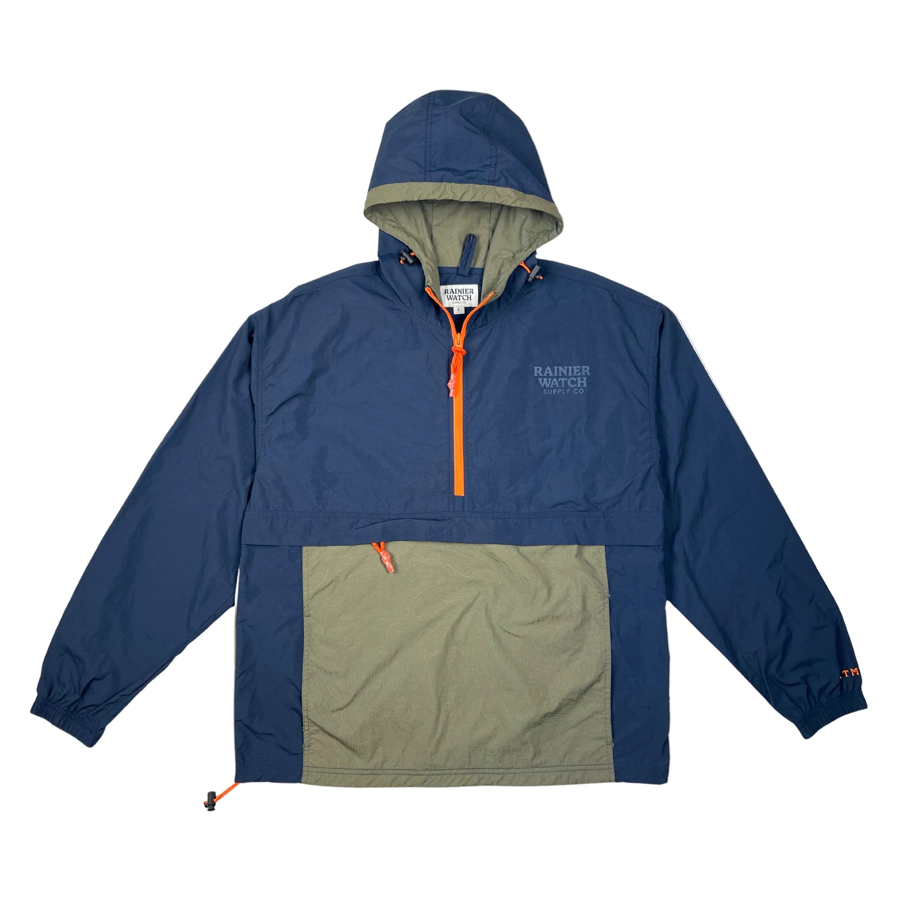 Blue and green jacket with orange zipper on a white background