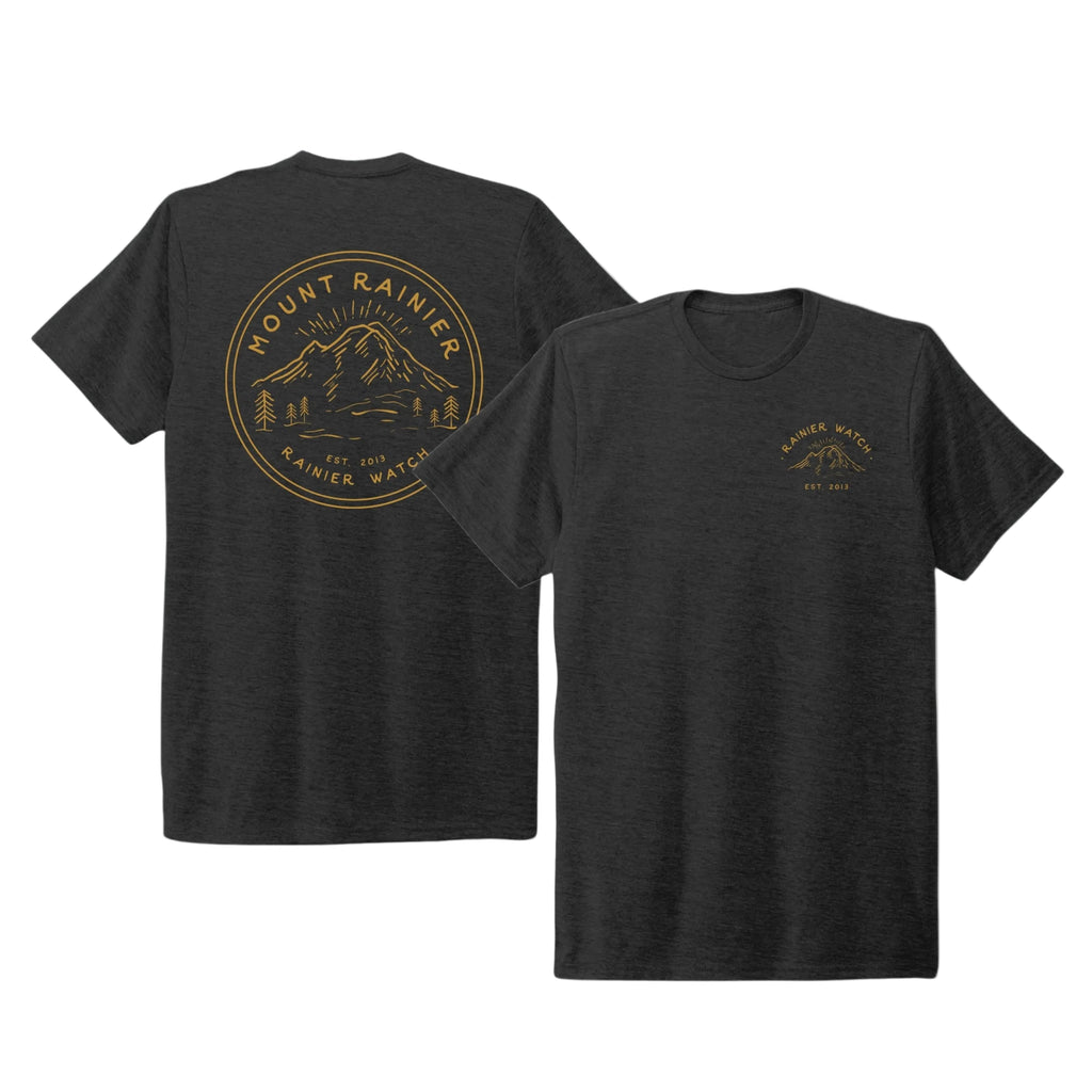 Black t-shirt with Mount Rainier design on front and back