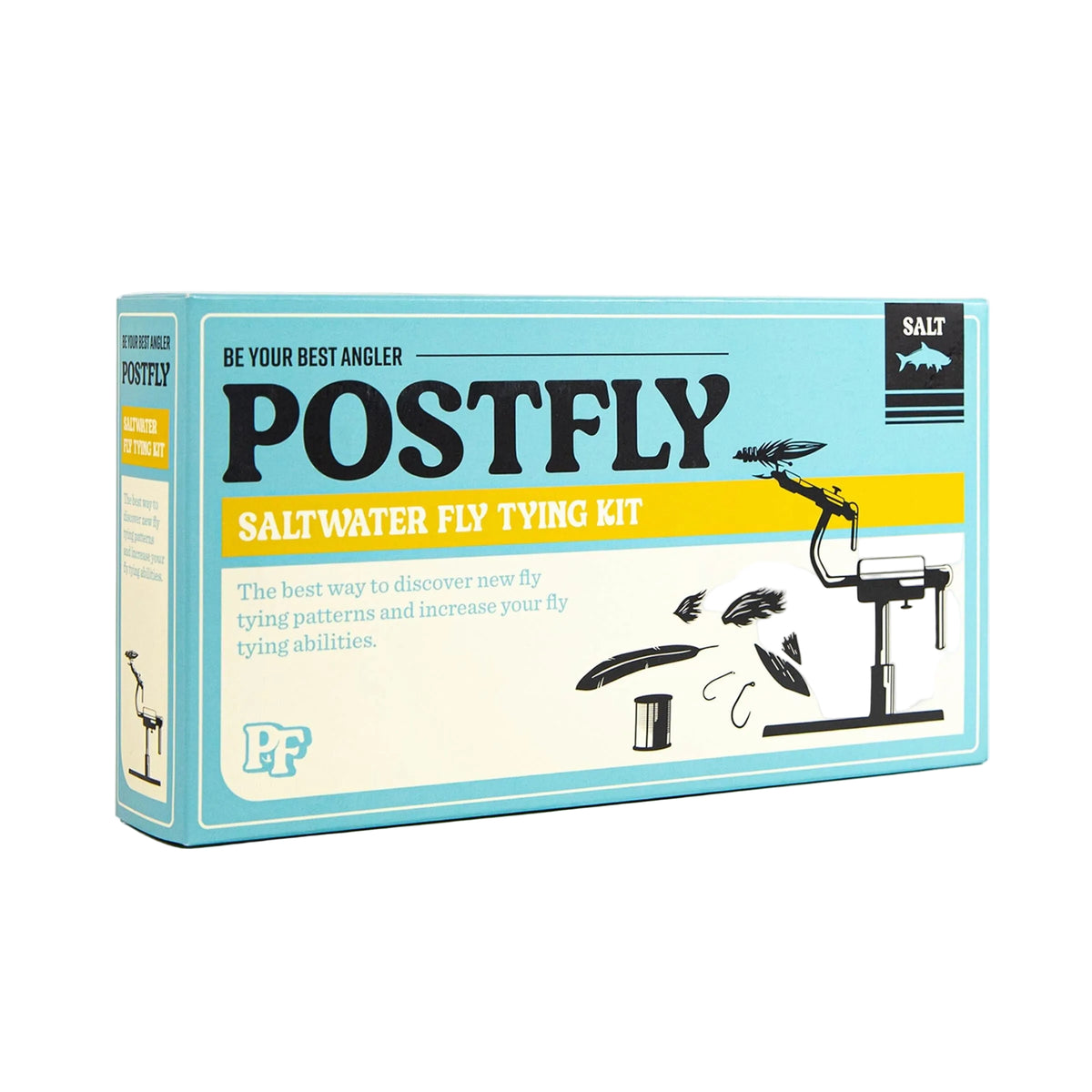 A product box for the Postfly Saltwater Fly Tying Kit, featuring a light blue and cream design with black text and illustrations of fly tying tools and feathers.