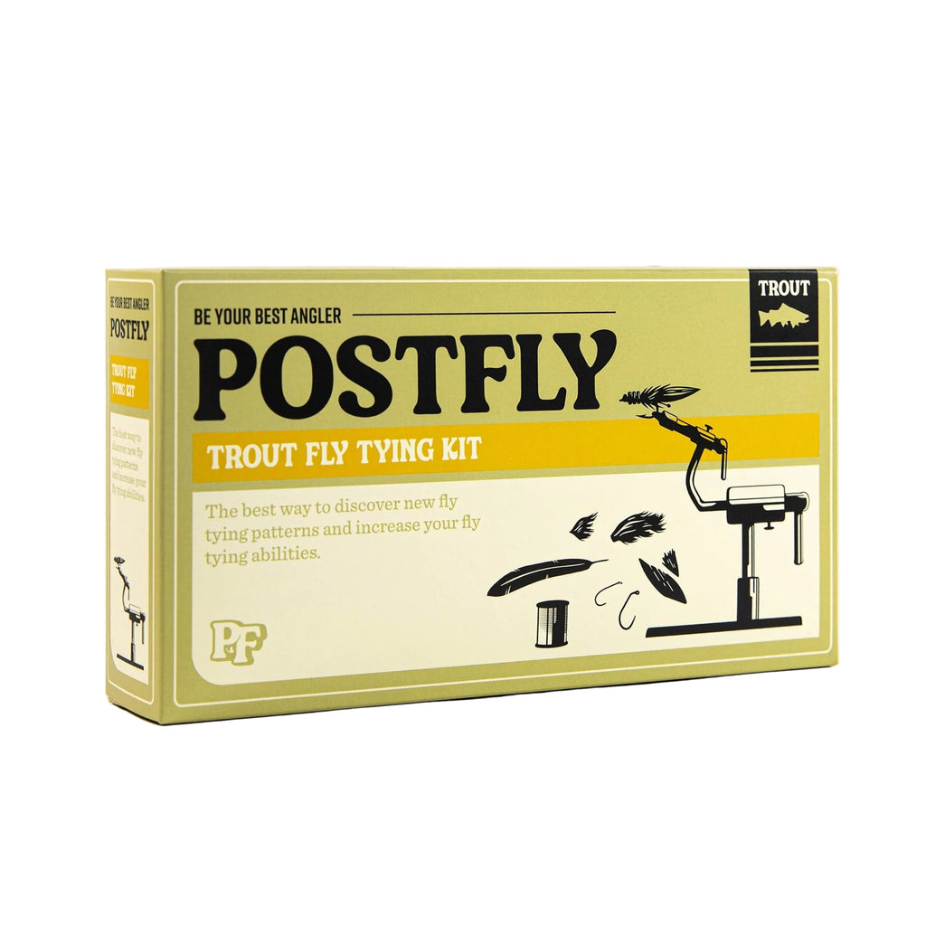 A boxed fly tying kit labeled POSTFLY Trout Fly Tying Kit, shown on a plain light background. The package is a muted yellow-green with cream lower panels, large black title text, and black line drawings of a fly and tools.