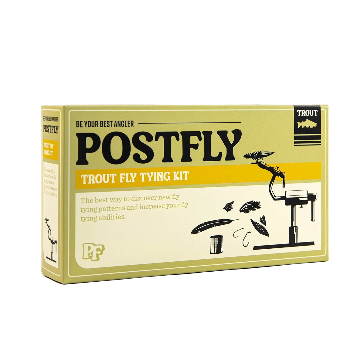 A boxed fly tying kit labeled POSTFLY Trout Fly Tying Kit, shown on a plain light background. The package is a muted yellow-green with cream lower panels, large black title text, and black line drawings of a fly and tools.