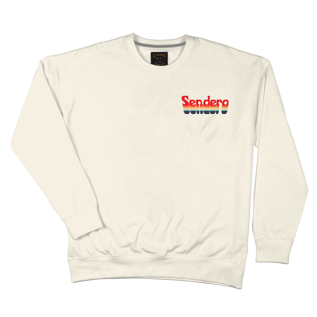 Sendero Retro Logo Sweatshirt — vintage white soft fleece poly/cotton blend with relaxed fit and retro logo.