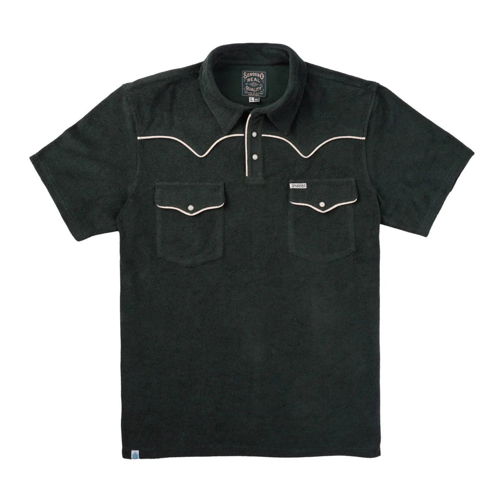 Sendero Western Polo in vintage terry cloth with spruce green color, western yokes, shape pockets, and pearl snap closures.