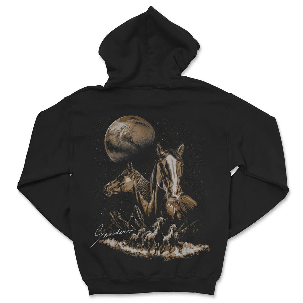 Midnight Riders hoodie featuring star-bred stallions, milkyway mustangs, soft fleece, and comfortable relaxed fit.