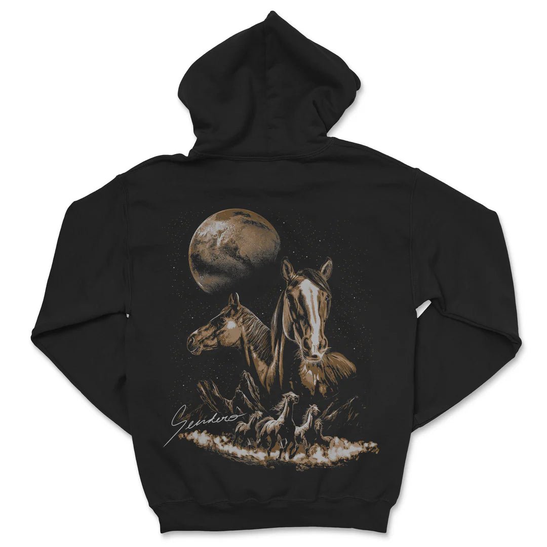 Midnight Riders hoodie featuring star-bred stallions, milkyway mustangs, soft fleece, and comfortable relaxed fit.