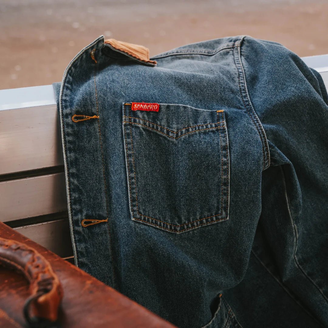 Sendero Rustler coat in washed denim, durable western jacket for everyday wear.